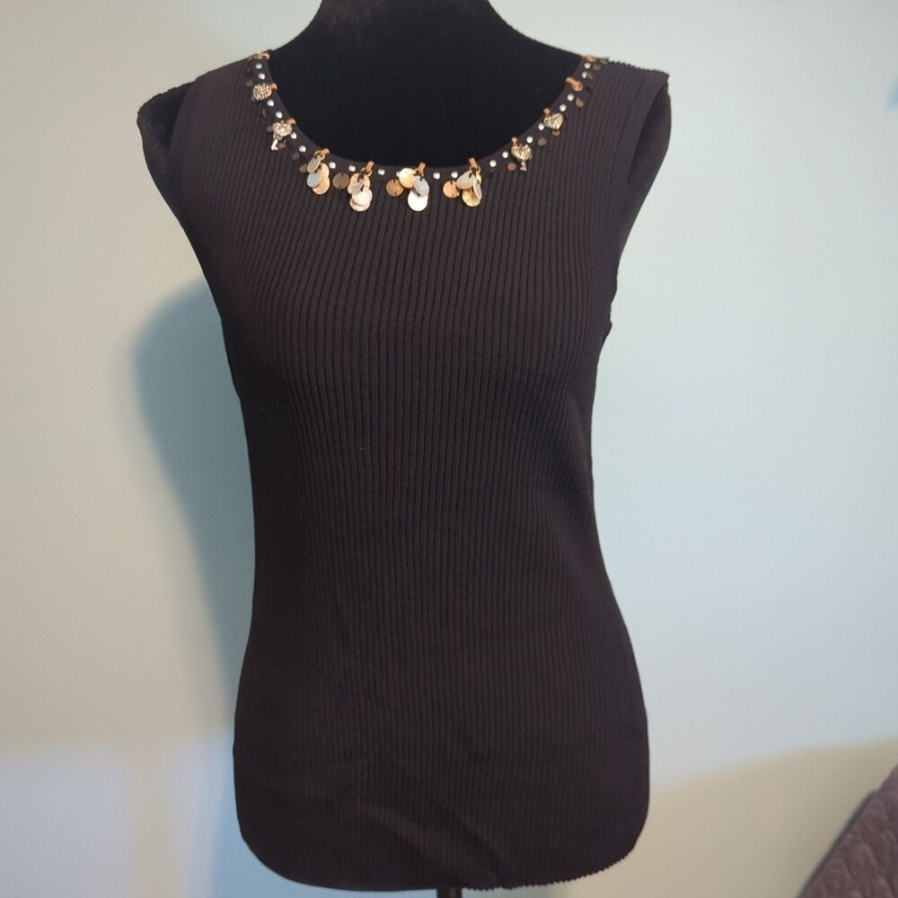Women's Willi Smith Black Tank Top with Hearts Keys Beads Size Large